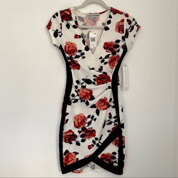 NWT Floral Print Wrap Asymmetrical Hem Mini Dress | Almost Famous Macy’s Bodycon - Picture 3 of 13